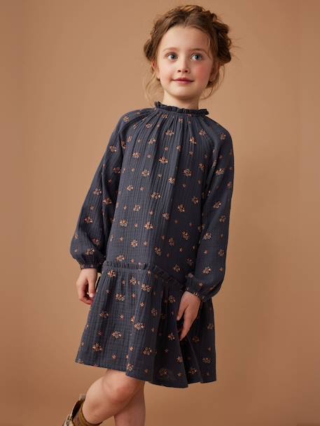Robe en gaze de coton motifs fleurs fille anthracite+vert de gris - vertbaudet enfant 