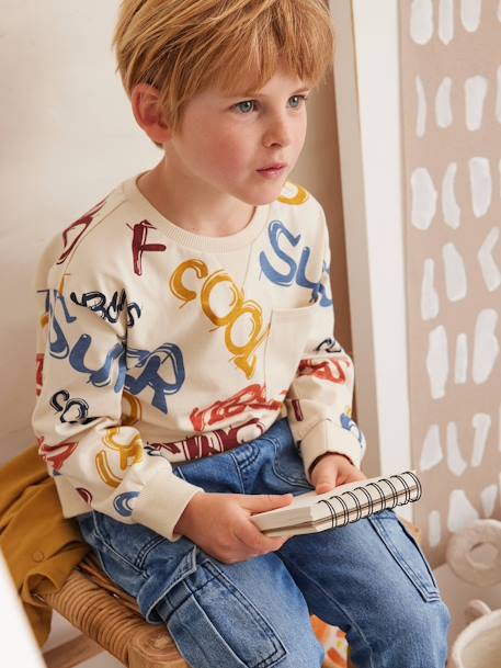 Jongensshirt in sweaterlook met print ecru+gemêleerd wit+korstmos+pecannoot - vertbaudet enfant 