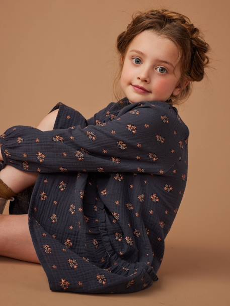 Robe en gaze de coton motifs fleurs fille anthracite+vert de gris - vertbaudet enfant 