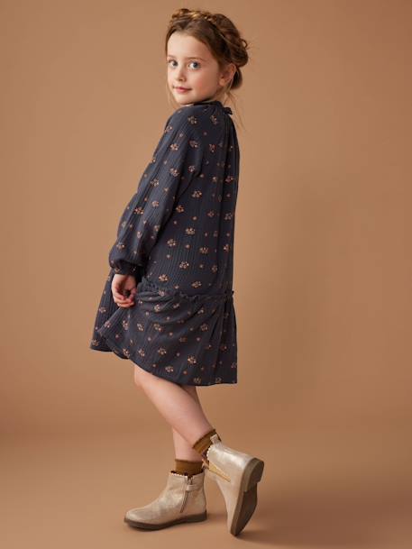 Robe en gaze de coton motifs fleurs fille anthracite+vert de gris - vertbaudet enfant 