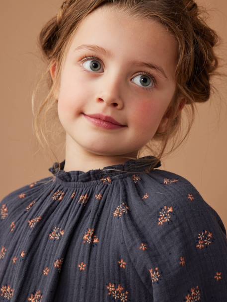 Robe en gaze de coton motifs fleurs fille anthracite+vert de gris - vertbaudet enfant 