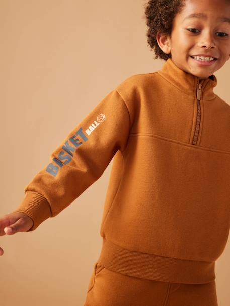 Jongenssweatshirt met truckerskraag en basketbalmotief op de mouw antraciet+hazelnoot - vertbaudet enfant 