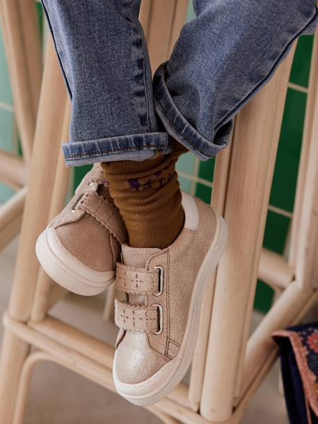 Leren sneakers met klittenband, kleutercollectie meisjes bordeauxrood+goud - vertbaudet enfant 