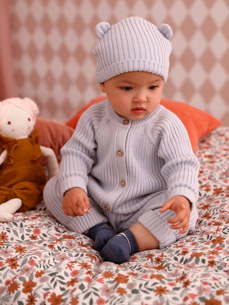 Ensemble bébé combinaison et bonnet à oreilles en tricot bleu pâle - vertbaudet enfant 