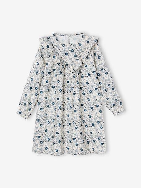 Robe à volant imprimée. fleurs fille écru+indigo - vertbaudet enfant 