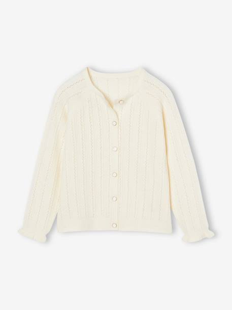 Gilet fille en maille mousseuse ajourée écru+vert sauge - vertbaudet enfant 