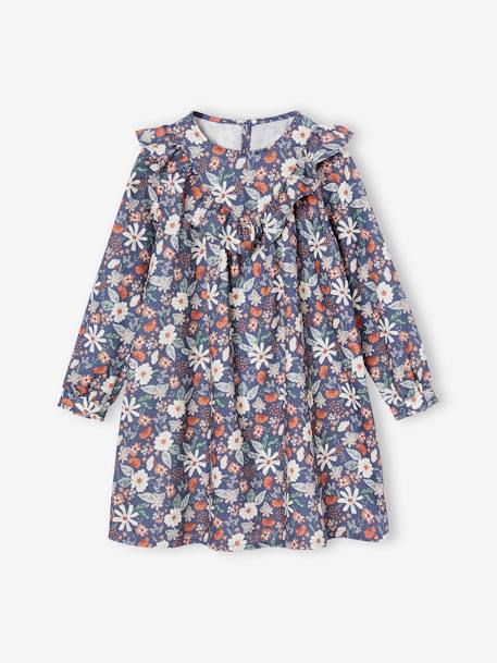 Robe à volant imprimée. fleurs fille écru+indigo - vertbaudet enfant 