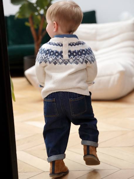 Jacquard trui voor babyjongens in luchtig en zacht tricot ecru+kaki - vertbaudet enfant 