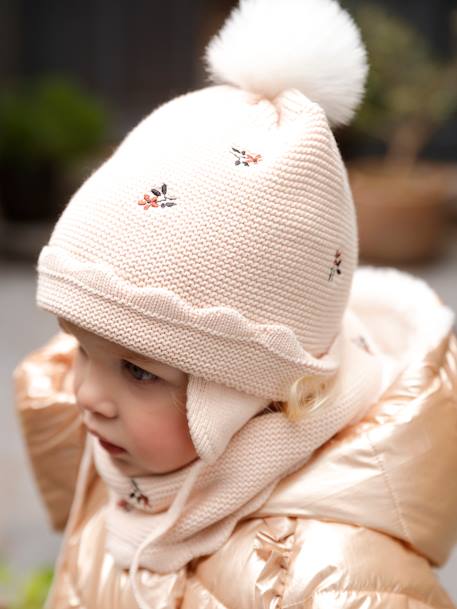 Ensemble bonnet + snood + moufles bébé fille beige poudré - vertbaudet enfant 