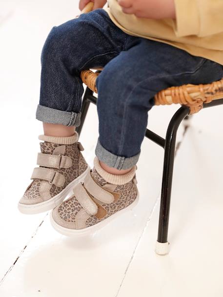 Basket bébé fille cuir à scratchs beige imprimé - vertbaudet enfant 