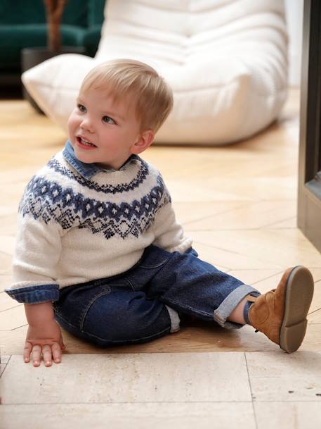 Jacquard trui voor babyjongens in luchtig en zacht tricot ecru+kaki - vertbaudet enfant 
