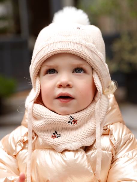 Ensemble bonnet + snood + moufles bébé fille beige poudré - vertbaudet enfant 