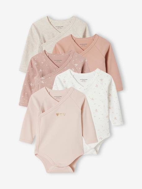 Lot 5 bodies 'coeur' manches longues ouverture naissance bébé en coton bio rose pâle - vertbaudet enfant 