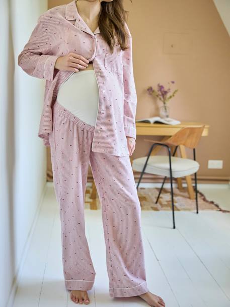 Ensemble 2 pièces pyjama de grossesse en flanelle rayée motifs coeurs rose nude - vertbaudet enfant 