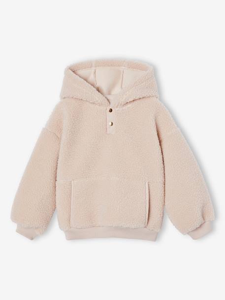 Sweat fille à capuche en sherpa écru+rose poudré - vertbaudet enfant 