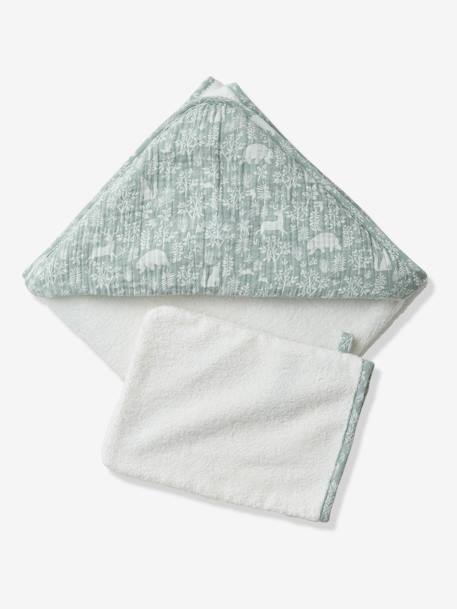 Cape de bain gaze de coton personnalisable + gant de toilette DANS LES BOIS vert sauge - vertbaudet enfant 