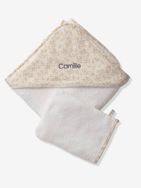 Cape de bain gaze de coton personnalisable + gant de toilette HYGGE beige imprimé - vertbaudet enfant 