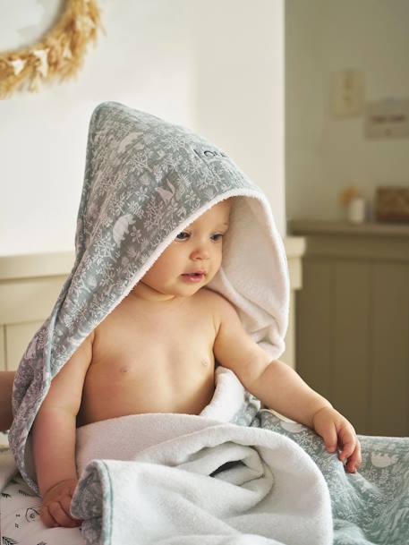 Cape de bain gaze de coton personnalisable + gant de toilette DANS LES BOIS vert sauge - vertbaudet enfant 