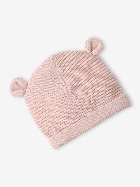 Ensemble bonnet, moufles et chaussons bébé naissance et son pochon personnalisable bleu jean+écru+rose poudré - vertbaudet enfant 