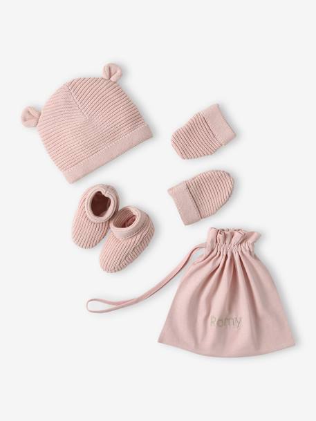 Ensemble bonnet, moufles et chaussons bébé naissance et son pochon personnalisable bleu jean+écru+rose poudré - vertbaudet enfant 