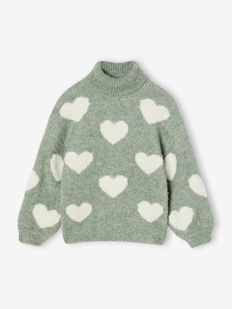 Pull fille col roulé maille mousseuse maxi motifs rose+vert de gris - vertbaudet enfant 