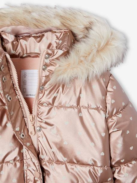 Donsjack met capuchon voor meisjes met fleece voering antraciet+goud+roze (poederkleur)+roze, bedrukt - vertbaudet enfant 