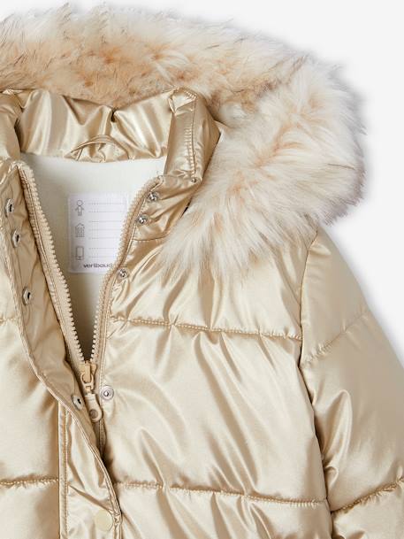 Donsjack met capuchon voor meisjes met fleece voering antraciet+goud+roze (poederkleur)+roze, bedrukt - vertbaudet enfant 