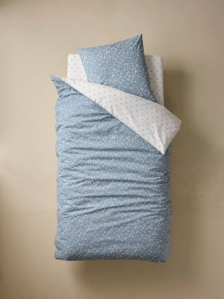 Parure housse de couette + taie d'oreiller enfant INDIA BLUE, réversible avec coton recyclé bleu imprimé - vertbaudet enfant 