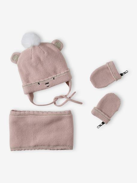 Coffret Noël bébé fille bonnet + snood + moufles rose poudré - vertbaudet enfant 