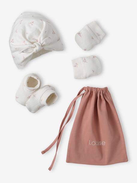 Ensemble naissance fille bonnet + moufles + chaussons + pochon personnalisable rose - vertbaudet enfant 