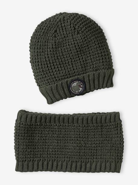 Ensemble bonnet badge dinosaure + snood garçon kaki - vertbaudet enfant 