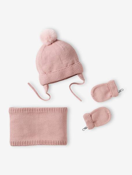 Ensemble bébé fille bonnet + snood + moufles rose poudré - vertbaudet enfant 