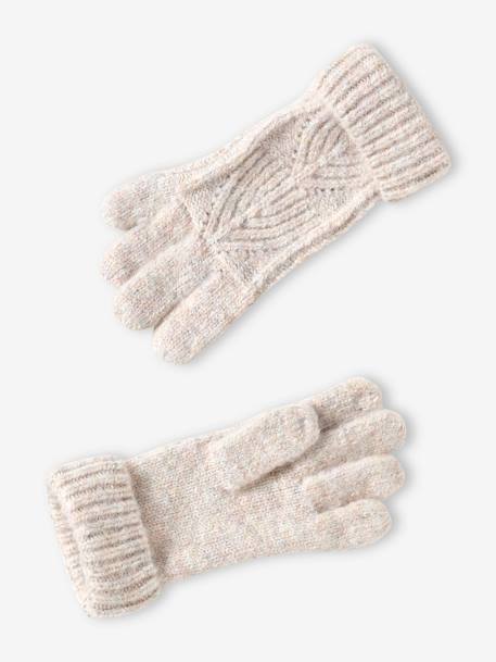 Set van muts + snood + wanten in kabelbreiwerk ecru+gemêleerd grijs+ROZE - vertbaudet enfant 