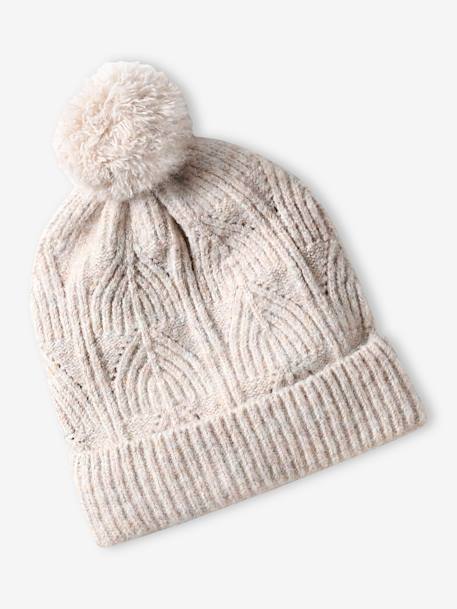 Set van muts + snood + wanten in kabelbreiwerk ecru+gemêleerd grijs+ROZE - vertbaudet enfant 