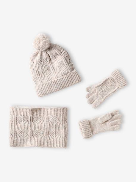 Ensemble fille bonnet, snood, gants en maille fantaisie écru+gris chiné+ROSE - vertbaudet enfant 