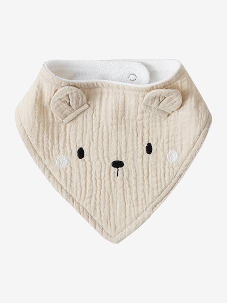 Set met 3 slabbetjes van katoengaas beige, bedrukt+ecru+grijsblauw+lichtroze+saliegroen+set groene panda+set vos+touw+veel beige+WIT - vertbaudet enfant 