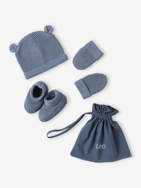 Ensemble bonnet, moufles et chaussons bébé naissance et son pochon personnalisable bleu jean+écru+rose poudré - vertbaudet enfant 