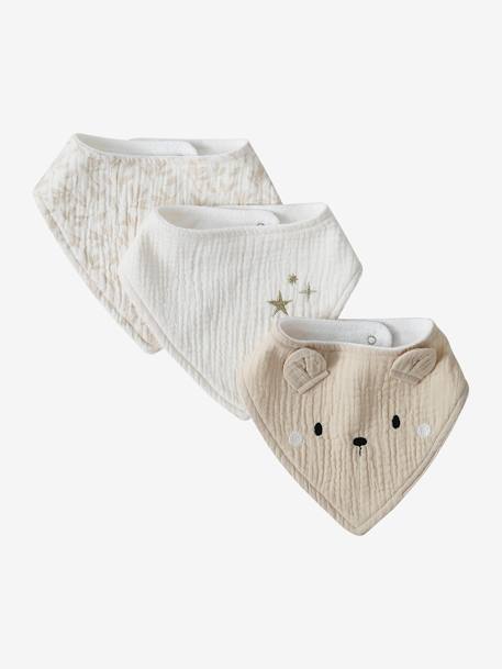Lot 3 bavoirs bandanas en gaze de coton beige imprimé+BLANC+carreaux vert+écru+lot beige+lot renard+lot vert panda+vert sauge - vertbaudet enfant 