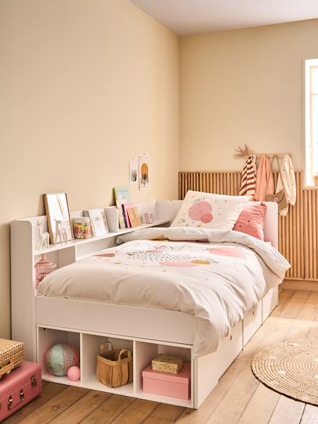 Lit plateforme enfant avec rangements BASEO blanc+bleu grisé+rose nude - vertbaudet enfant 