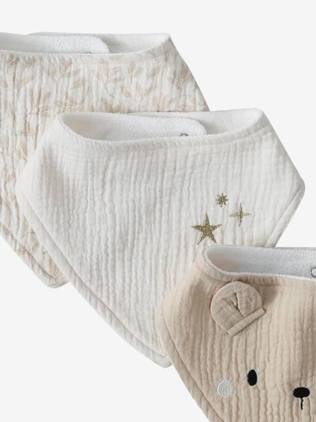 Lot 3 bavoirs bandanas en gaze de coton beige imprimé+BLANC+carreaux vert+écru+lot beige+lot renard+lot vert panda+vert sauge - vertbaudet enfant 