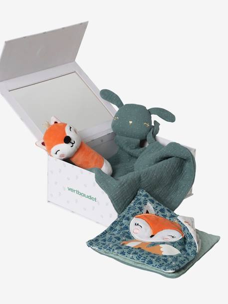 Geschenkdoos met 3 stuks:  knuffeldoek + rammelaar + prentenboek betoverd bos+groen - vertbaudet enfant 