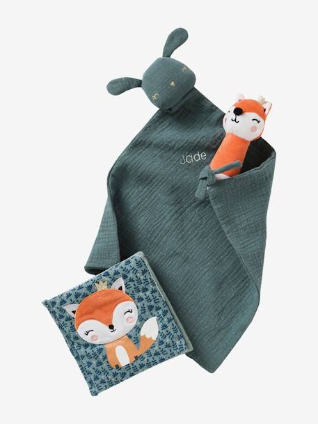Geschenkdoos met 3 stuks:  knuffeldoek + rammelaar + prentenboek betoverd bos+groen - vertbaudet enfant 