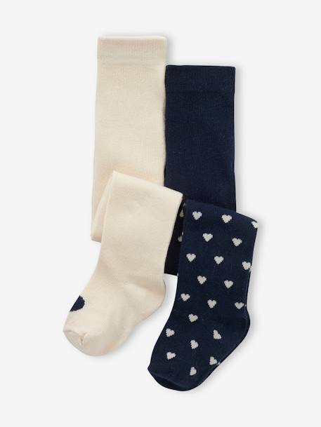 Lot de 2 paires de collants bébé fille motifs coeurs beige+marine - vertbaudet enfant 