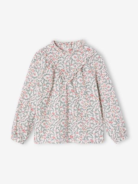 Blouse met hoge kraag met bloemenprint meisjes ecru+olijf - vertbaudet enfant 