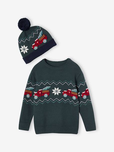Coffret Noël pull jacquard et bonnet à pompon garçon vert sapin - vertbaudet enfant 