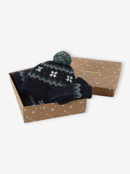 Kerstdoos Vlokje voor jongens muts + snood + handschoenen/wanten marineblauw - vertbaudet enfant 