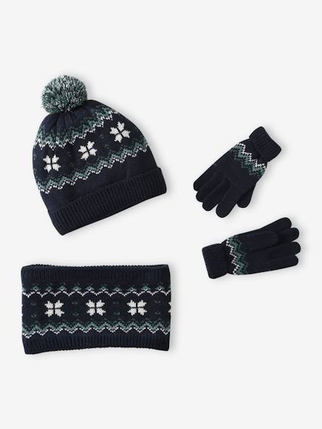 Kerstdoos Vlokje voor jongens muts + snood + handschoenen/wanten marineblauw - vertbaudet enfant 