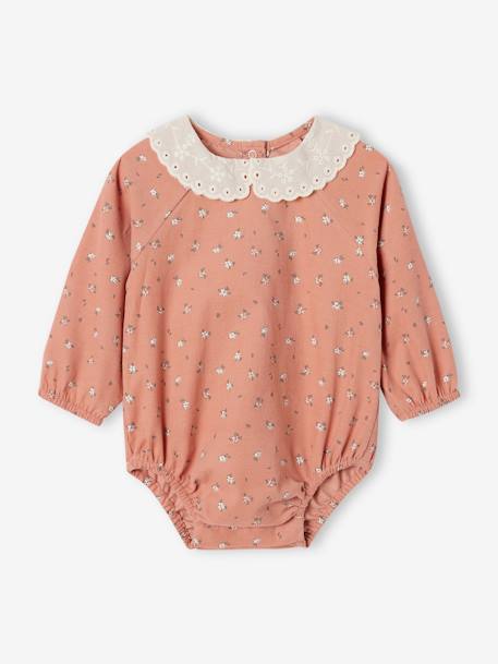 Barboteuse en velours imprimé fleurs bébé col en broderie anglaise rose - vertbaudet enfant 