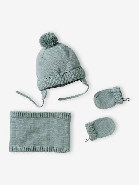 Ensemble bébé garçon bonnet + snood + moufles BASICS vert d'eau - vertbaudet enfant 