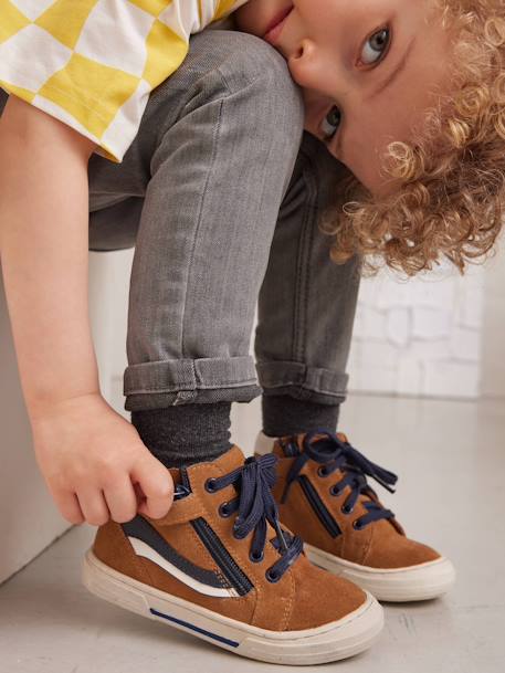 Chaussures enfant garçon cuir montantes zippées et lacées marine+marron - vertbaudet enfant 